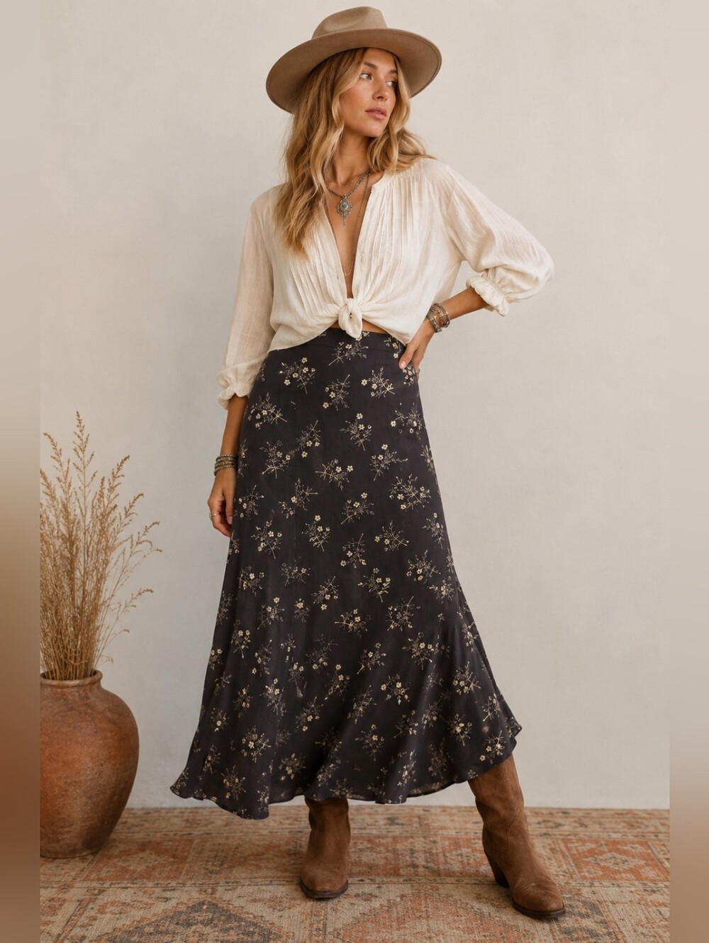 Sundance Silk Maxi Skirt Vintage Western Boho Floral Gray / Beige Women's 10